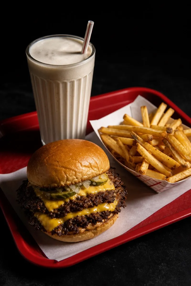 A red tray holding a double stack, a basket of hand-cut fries and a shake