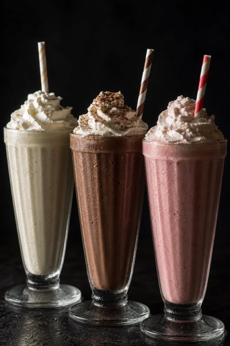 Vanilla, chocolate malt and strawberry shakes in fountain glasses
