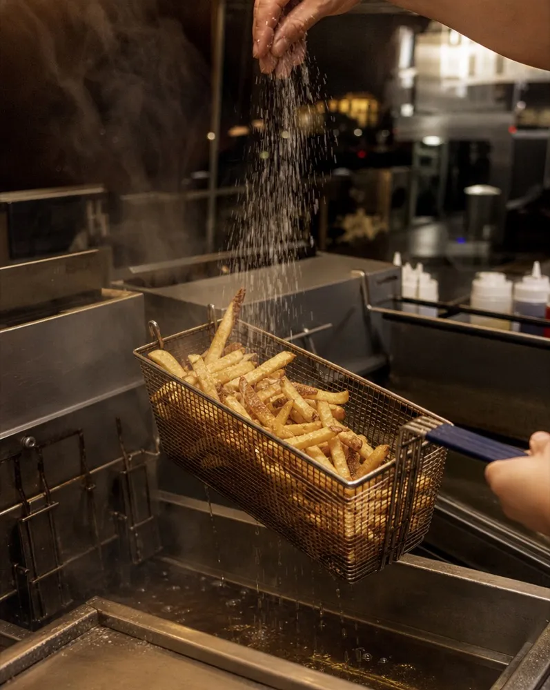 Salt falling over a fry basket fresh out of the oil